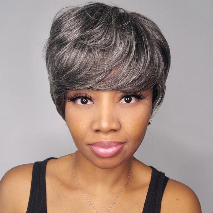 New Pixie Cut Dark Grey Granny Grey Short Straight Pixie Cut Hair Human Hair Machine Made Wig for Women