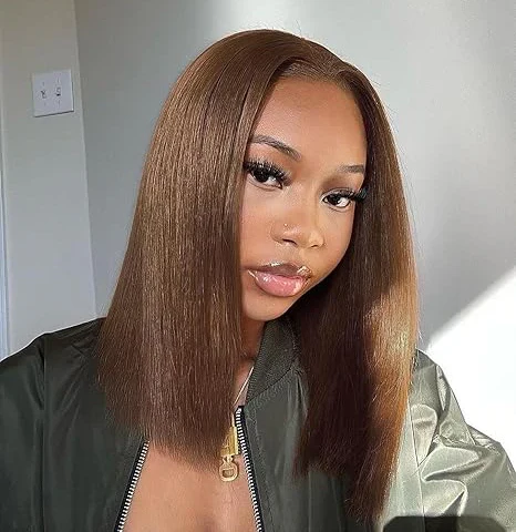 Lumiere Blunt Cut Short Bob Wigs #4 Brown Colored 13x4 Lace Front Straight Human Hair Wigs 220% Density