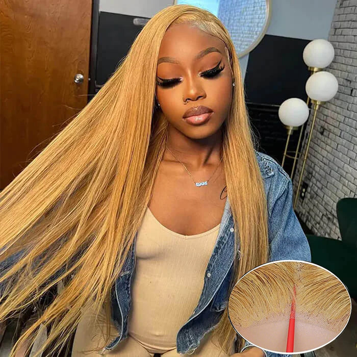 [Glueless Wig] #27 Honey Blonde Straight Hair Upgrade 5x5 Pre-Cut HD Lace Ready To Go Glueless Human Hair Wigs