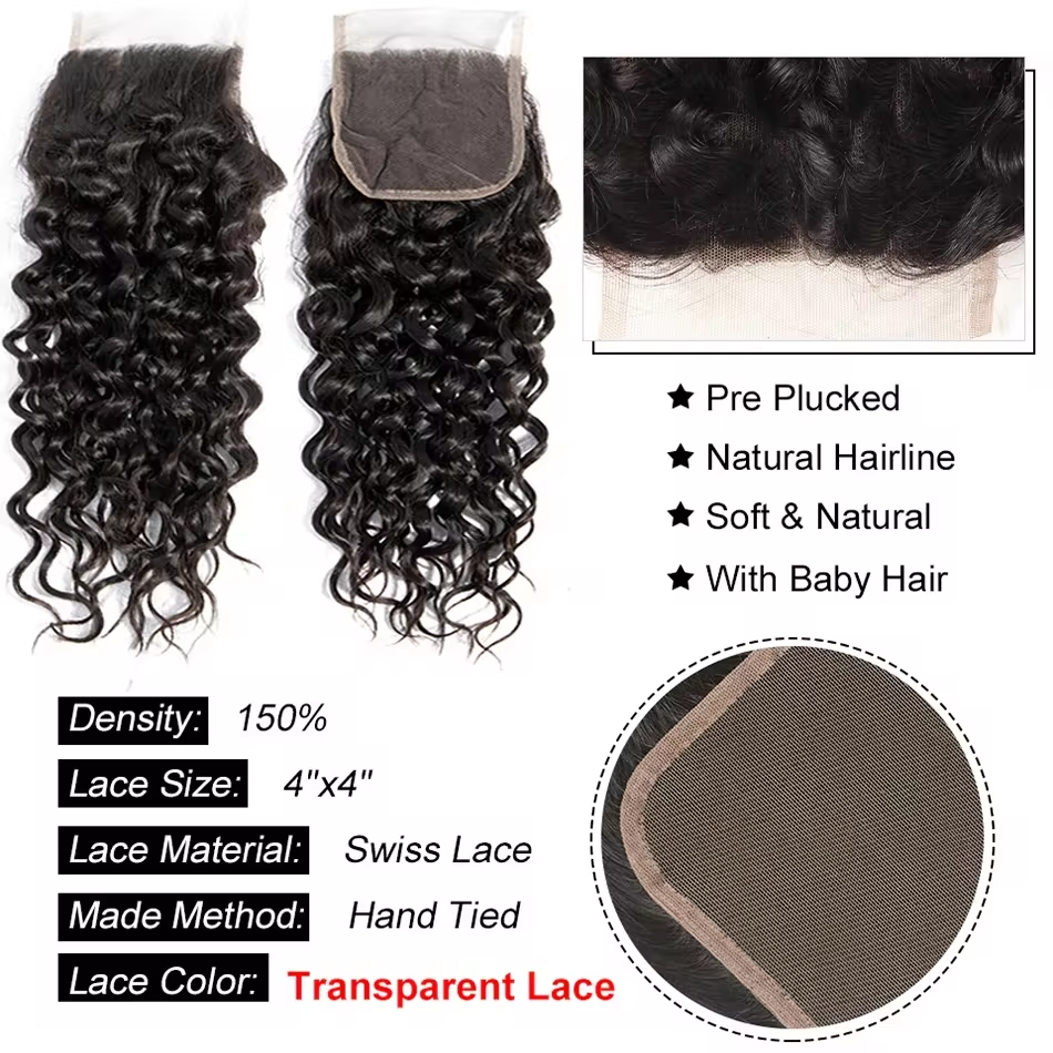 Lumiere  15A Brazilian Water Wave 3 Bundles With 4x4 Lace Closure Virgin Human Hair Lace Closure with Bundle Hair Extensions For Women