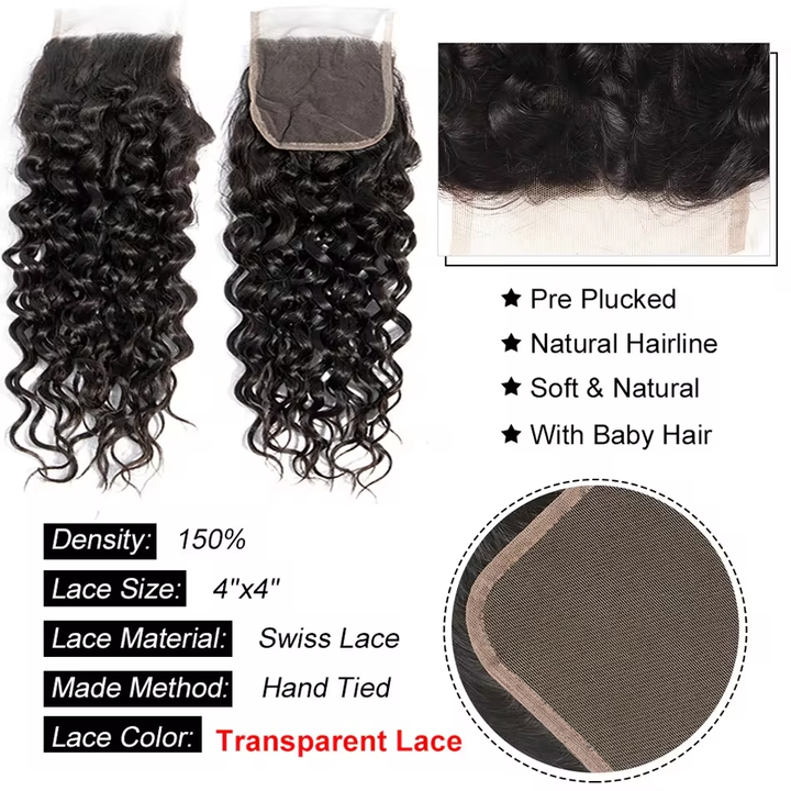 Lumiere  15A Brazilian Water Wave 3 Bundles With 4x4 Lace Closure Virgin Human Hair Lace Closure with Bundle Hair Extensions For Women