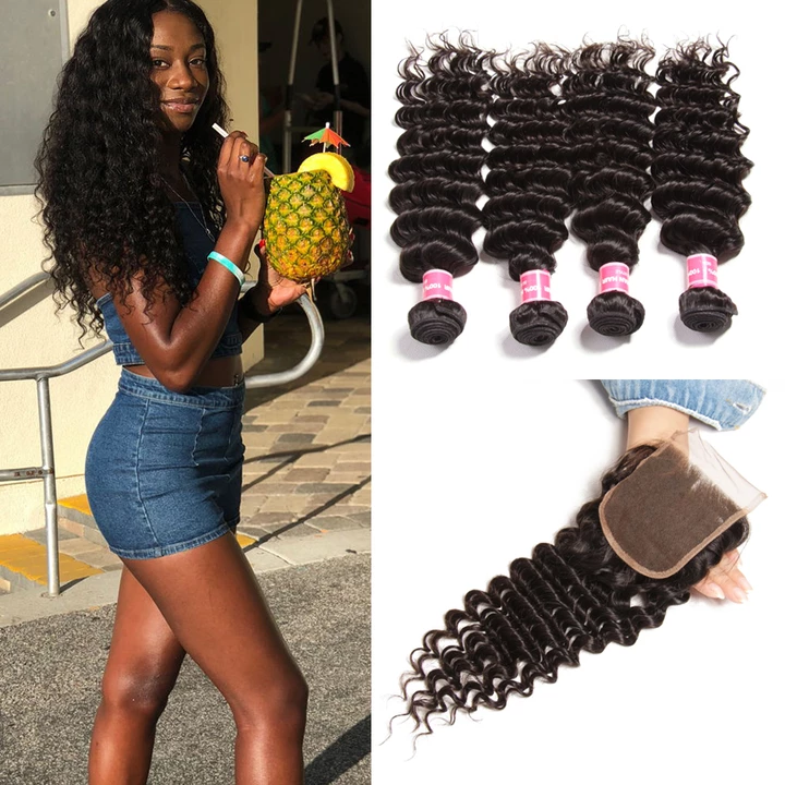 Deep Wave 4 Bundles With Closure 6x6 lace 100% virgin human hair