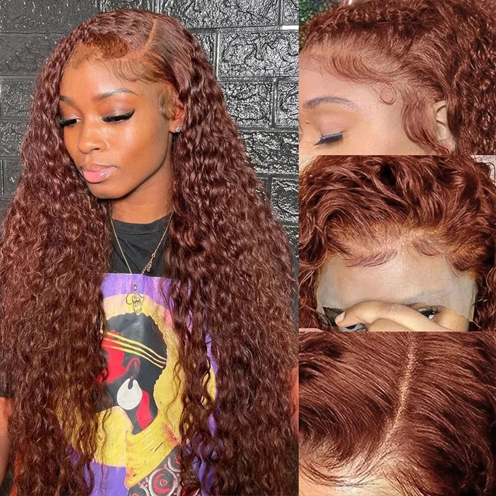 #33 Reddish Brown Deep Curly 13x4/4x4/5x5 Closure Lace Mid Part Long Wig 100% Human Hair