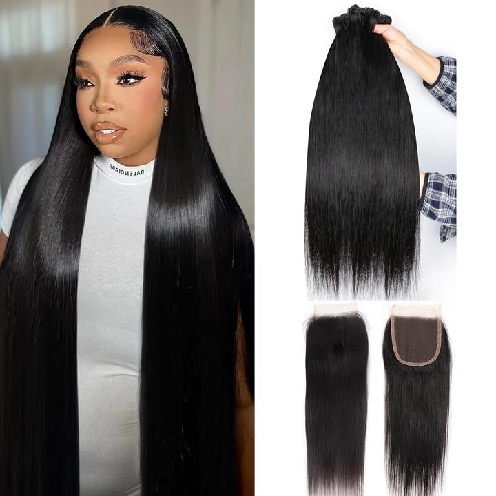 (B2)  4 Bundles Straight With 4x4 Lace Closure Brazilian Hair Wave Bundles With Closure Natural Human Hair