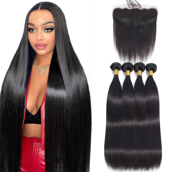 (B2) 4 Bundles Straight Hair with 13x4 Lace Frontal Brazilian Hair Weave Bundles