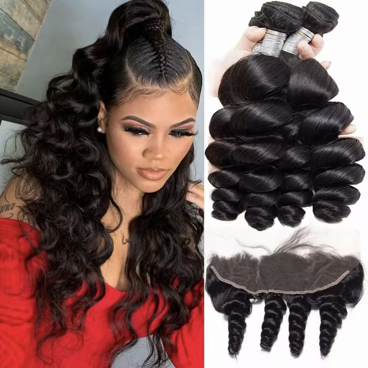 (B2) 4 Bundles Loose Wave Hair with 13x4 Lace Frontal Brazilian Hair Weave Bundles