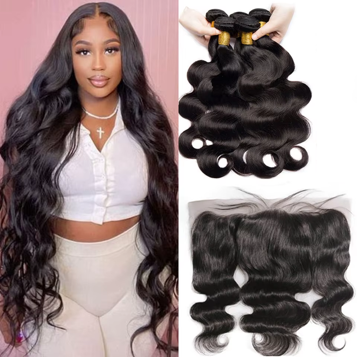 (B2) Body Wave Human Hair 4 Bundles with 13x4 Lace Frontal Brazilian Hair Weave Bundles