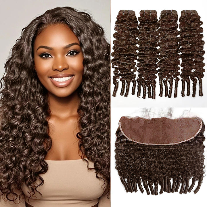 Lumiere #4 Brown Colored Burmese Curly 4 Bundles With 13X4 Frontal Transparent Lace
