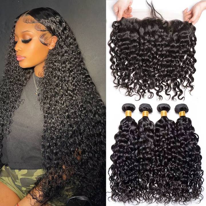 Lumiere 15A Peruvian Hair 4 Bundles With 13x4 Lace Frontal Water Wave Bundles Human Hair Weave Extensions