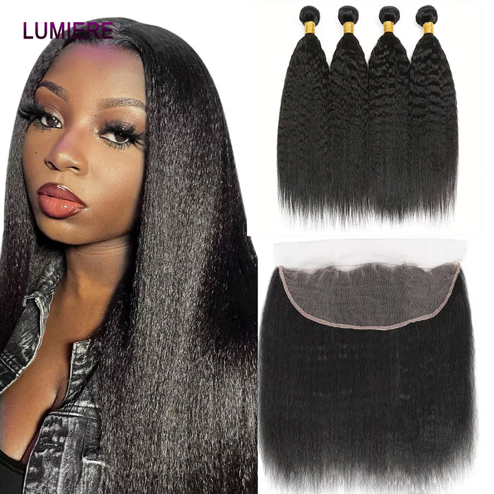 Lumiere 15A Kinky Straight Human Hair 4 Bundles With 13x4 Lace Frontal Yaki Straight Hair
