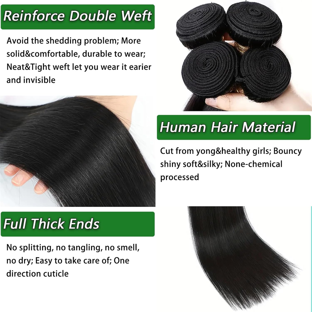 (B2) 4 Bundles Straight Human Hair 4 Bundles 100% Brazilian Raw Human Hair for Women