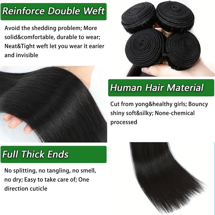 (B2) 4 Bundles Straight Human Hair 4 Bundles 100% Brazilian Raw Human Hair for Women