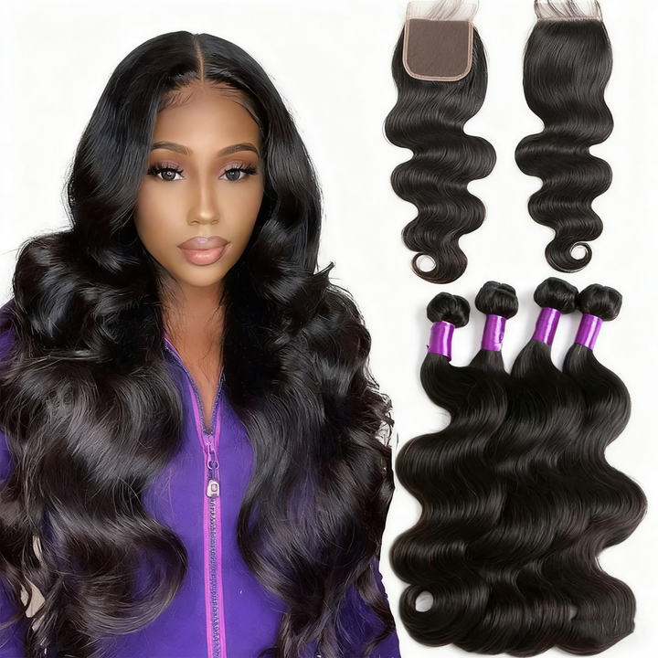 (B2) Body Wave 4 Bundles With 4x4 Lace Closure Brazilian Hair Weave Bundles With Closure Natural Human Hair