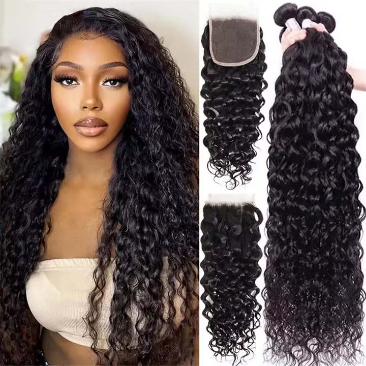 Lumiere 15A Water Wave 4 Bundles With 4X4 Lace Closure Wet and Wavy Virgin Human Hair