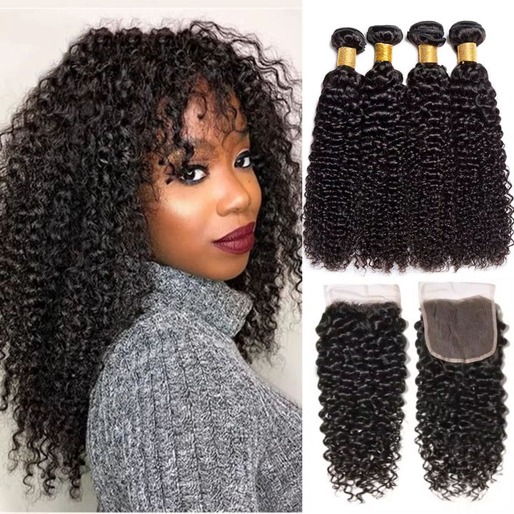 Lumiere 15A Afro Kinky Hair Weave 4 Bundles With 4x4 Lace Closure Natural Black Virgin Double Weft Hair Extension
