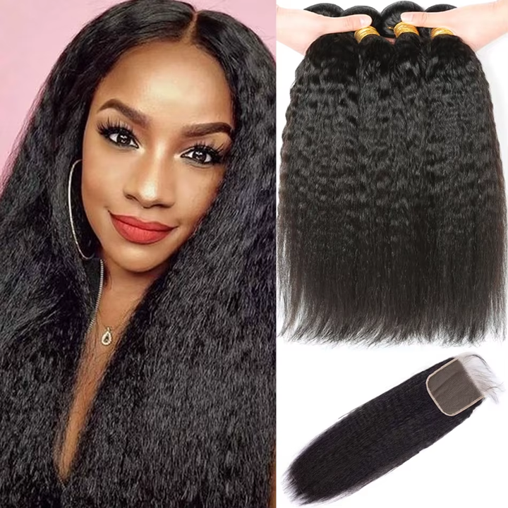 Lumiere 15A Kinky Straight Human Hair 4 Bundles With Closure Brazilian Transparent 4x4 Lace Closure And Bundles 100% Human Hair Extensions