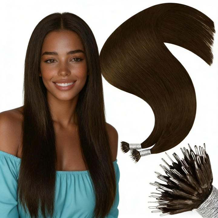 #4 Brown Nano Ring Hair Extensions Straight Human Hair Natural Black Micro Bead Hair Extensions for Women Daily Use 100g/set