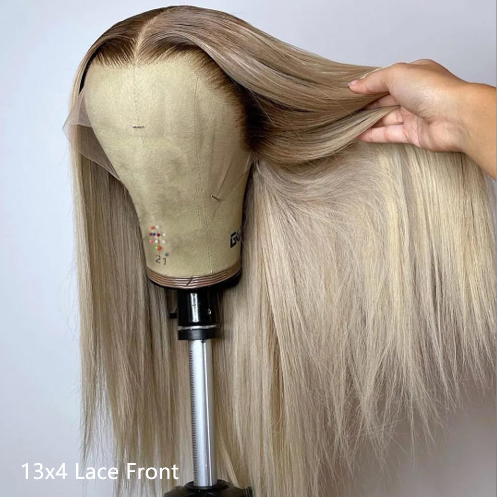 Gray Ash Blonde With Root 4 Brown Lace Front Body Wave/Straight Human Hair Wigs  Root4/Gray Blonde Silky Human Hair Wig 200% Density
