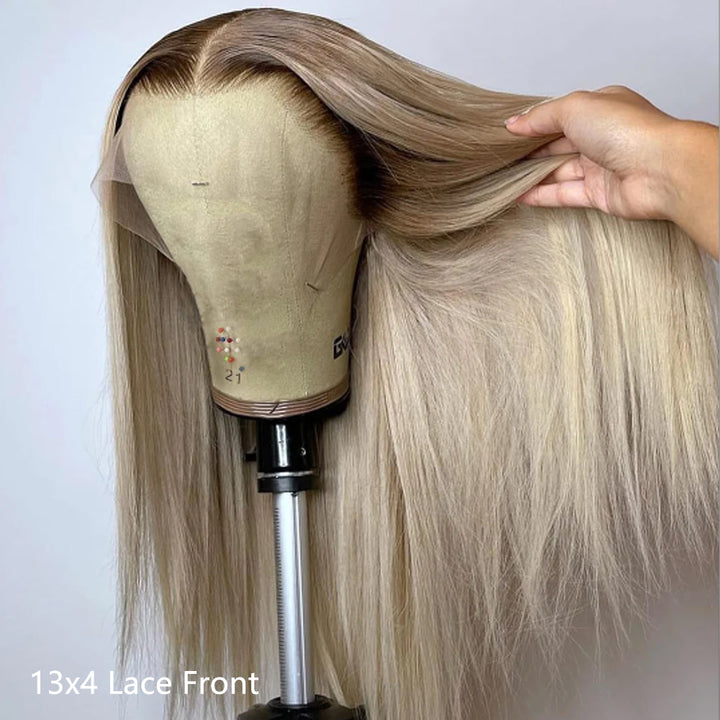 Gray Ash Blonde With Root 4 Brown Lace Front Body Wave/Straight Human Hair Wigs  Root4/Gray Blonde Silky Human Hair Wig 200% Density
