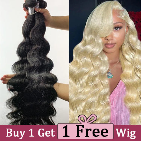 BOGO | (B1) Peruvain Body Wave 4 Bundles Human Hair Extension 8-40 inches With #613 Body Wave Free Wig 28 Inch