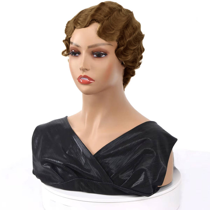 #4 Brown Finger Wave Pixie Cut Short Bob Full Machine Made None Lace Wigs 100% Human Hair