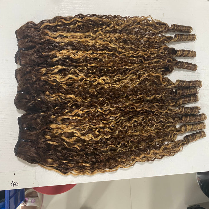Highlight P4/27 Colored Burmese Curly 4 Bundles Pixie Curls Human Hair Bundles Ocean Spirals Curly