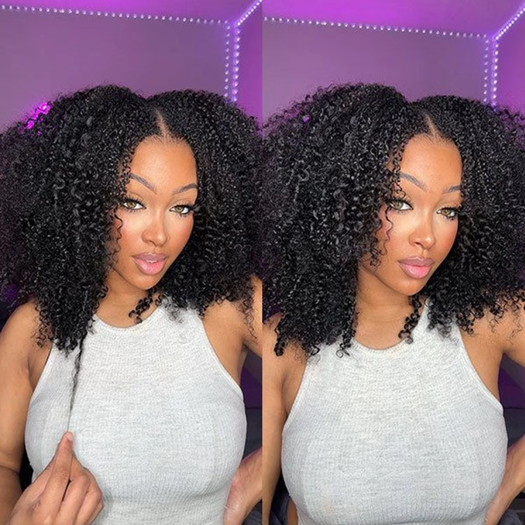 New V Part Kinky Curly No Leave Out Brazilian Remy Human Hair Wigs For Women