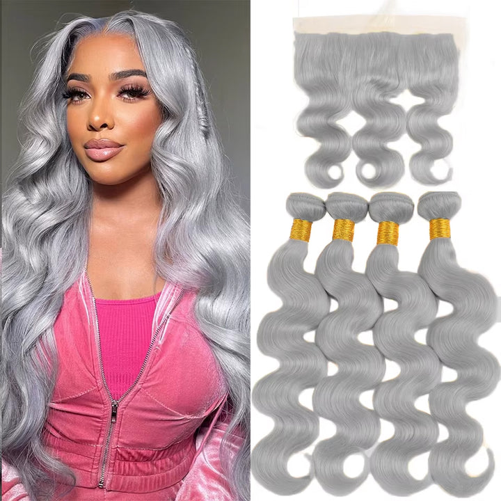 silver gray Body Wave 4 Bundles With 13x4 frontal Brazilian Human Hair Weave