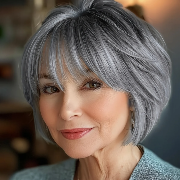 Short Bob Cut Salt and Pepper Grey Wigs Full Machine None Lace Fashion Wig 8 inch