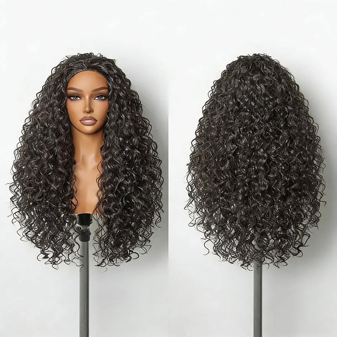 [3 In 1 Half ] Wig with Drawstring Kinky Curly Ready To Go Wig Full Machine Made Wigs With Natural Hairline Human Hair