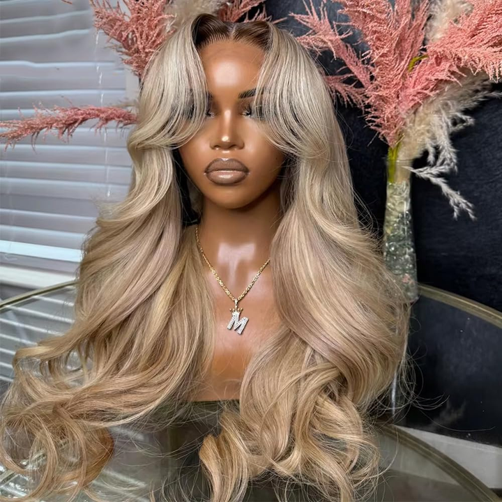 Gray Blonde With Root 4 Brown Lace Front Body/Straight Wave Human Hair Wigs  Root4/Gray Blonde Silky Human Hair Wig 200% Density