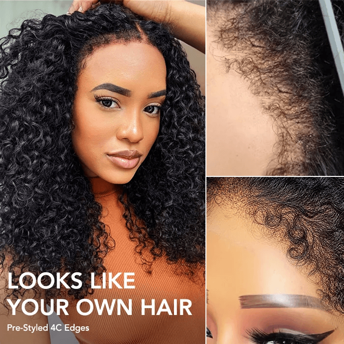 Glueless 4C Edges Water Wave Hair Invisible HD Lace Front Human Hair Wigs With Curly Edges