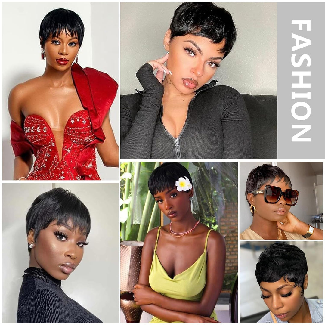 New Pixie Cut #1B #99J #27 Human Hair Wig with Bangs Black Short Straight Pixie Cut Hair Human Hair Machine Made Wig for Women