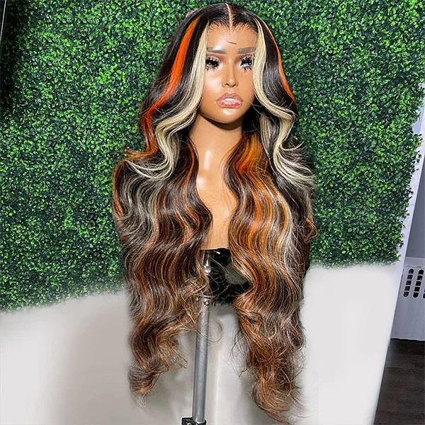 WG-90 Skunk Stripe Highlights Orange Blonde Body /Straight  Lace Frontal Human Hair Wigs For Women