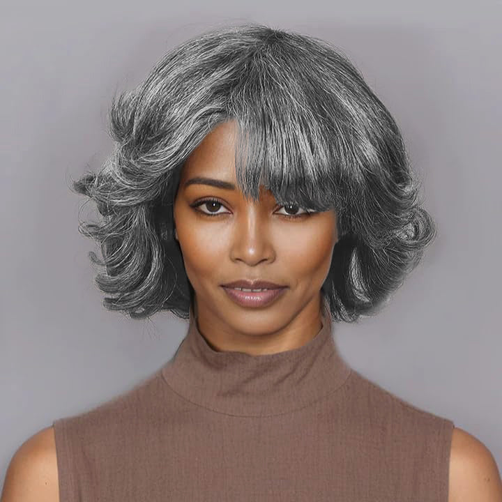 New Salt And Pepper Colored Short Wave Full Machine Wigs With Bangs Bob Wig 8inch