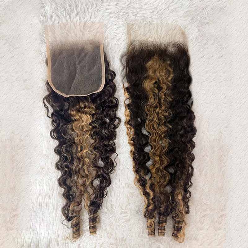 Highlight P4/27 Colored Burmese Curly 3 Bundles With 4x4 Transparent Lace Closure With Spriral End Human Hair