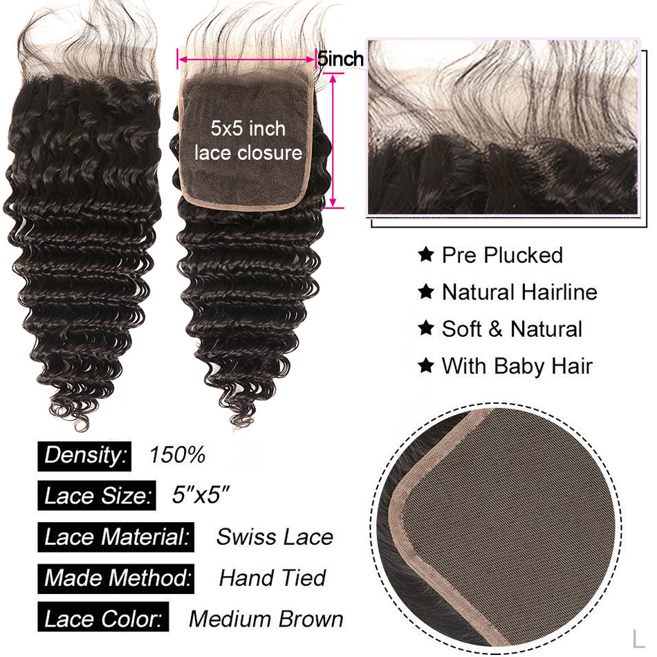 Deep Wave 3 Bundles With Closure 6x6 lace 100% virgin human hair