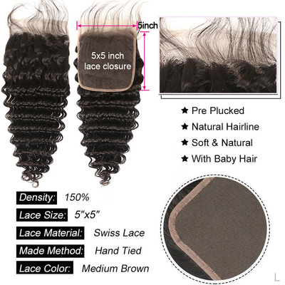 Deep Wave 4 Bundles With Closure 6x6 lace 100% virgin human hair