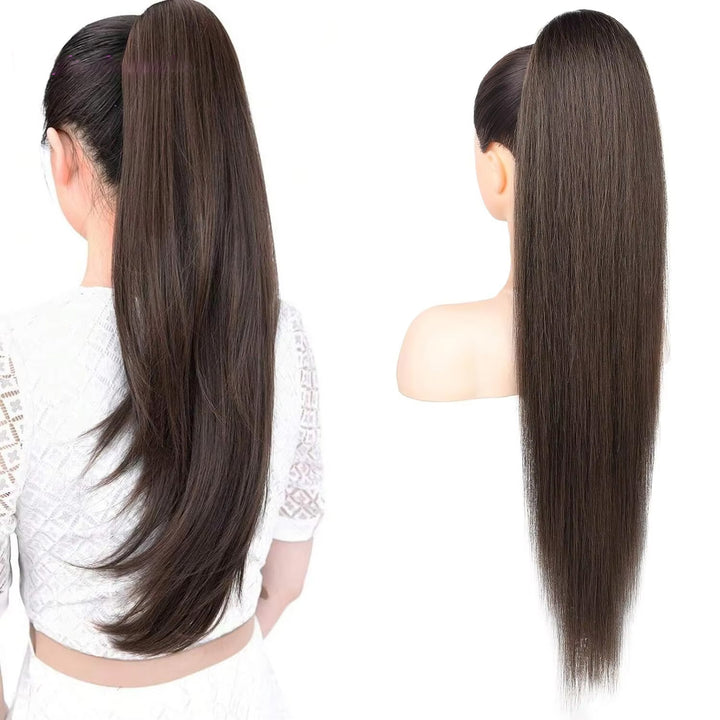 #2 Dark Brown Wrap Around Ponytail Extensions Long Straight Magic Paste Pony Tail  Natural Soft  Human Hair