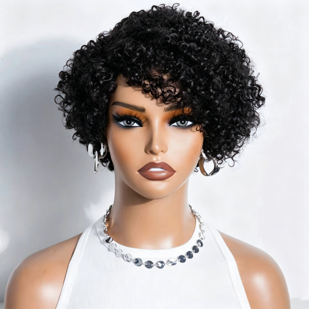 # 1B Curly Short Bob Full Machine Made None Lace Wig Avec Bangs Virgin Human Hair 