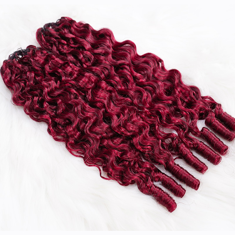 #99J Burgundy Human Hair Burmese Curly Feather Crochet Extensions  Miracle Knots Pre-Separated
