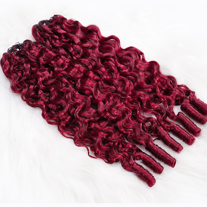 #99J Burgundy Human Hair Burmese Curly Feather Crochet Extensions  Miracle Knots Pre-Separated