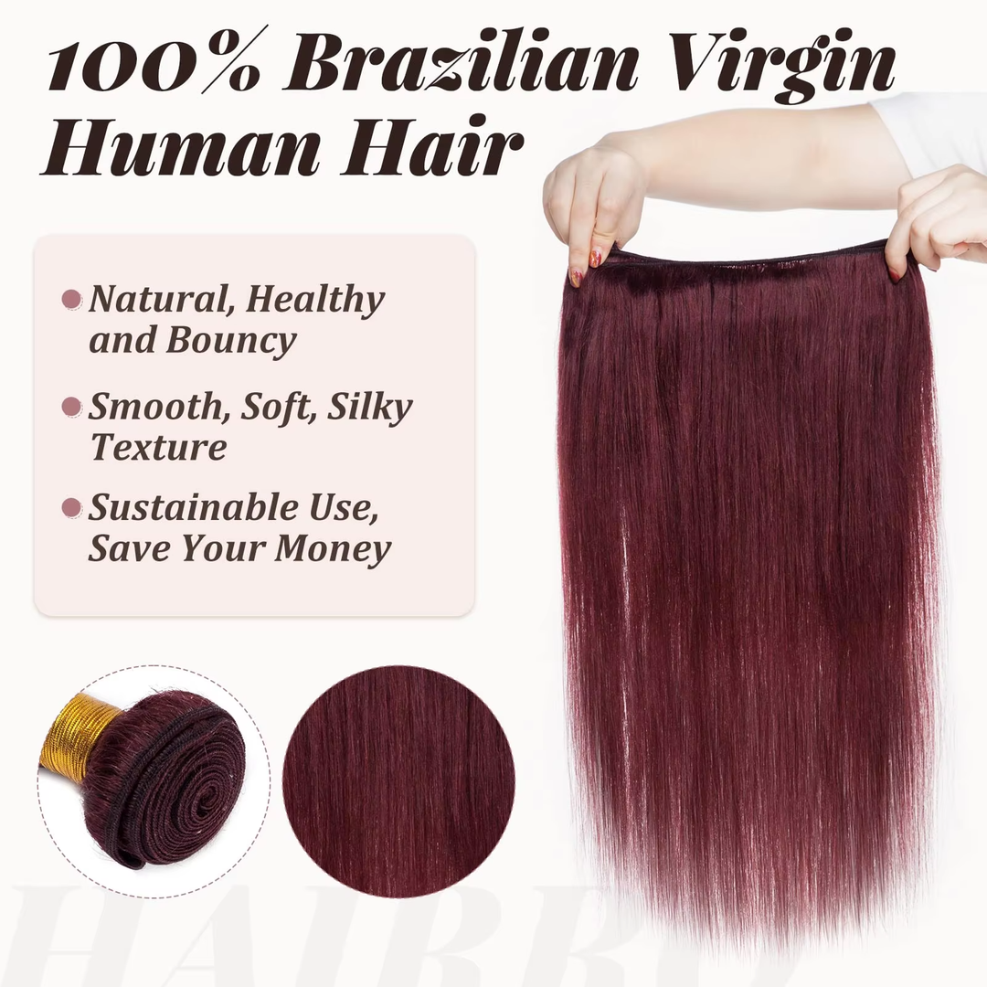 100% Human Hair 99J Straight 4 Bundles with 5x5/6x6 Closure Vietnamese Hair Weaving Burgundy 3Pcs Bundles with Lace Closure Raw Human Hair
