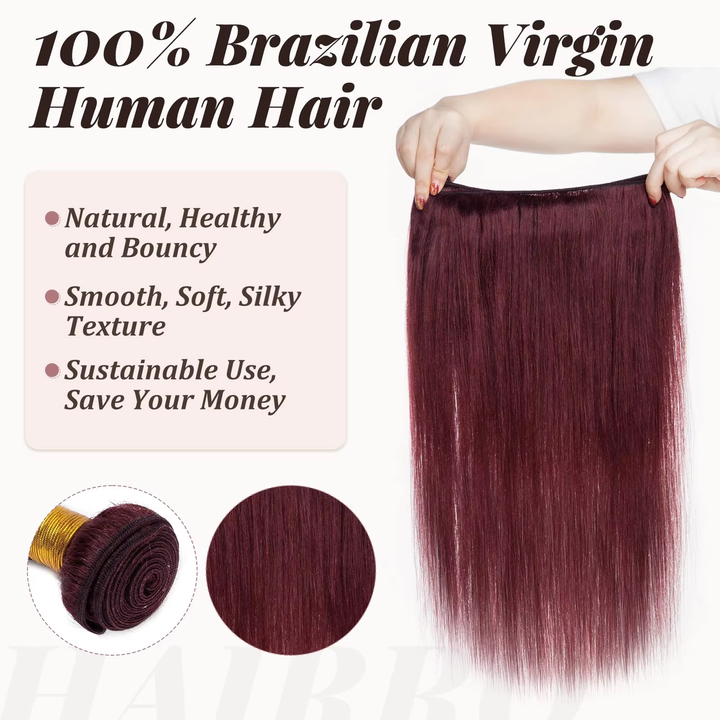 100% Human Hair 99J Straight 4 Bundles with 5x5/6x6 Closure Vietnamese Hair Weaving Burgundy 3Pcs Bundles with Lace Closure Raw Human Hair