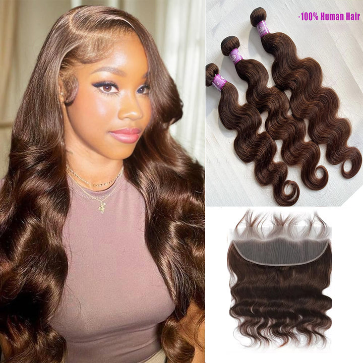 lumiere #4 Brown Body Wave 3 Bundles With 13x4 Lace Frontal Pre Colored Ear To Ear(No Code Need)