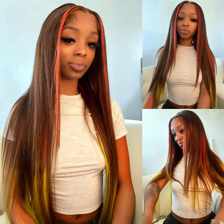 Ginger Highlights On Brown Mix Yellow Hair Straight Wig Human Hair To Wear For Women（WG95)