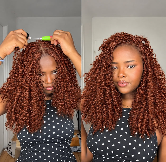 #33 Reddish Brown Burmese Curly Crochet Human Hair Knotless Pre-Separated Feather Crochet Hair Extension
