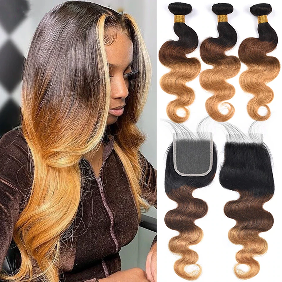 Ombre 1b/4/27 Body Wave 3 Bundles with 4x4 lace Closure Human Hair
