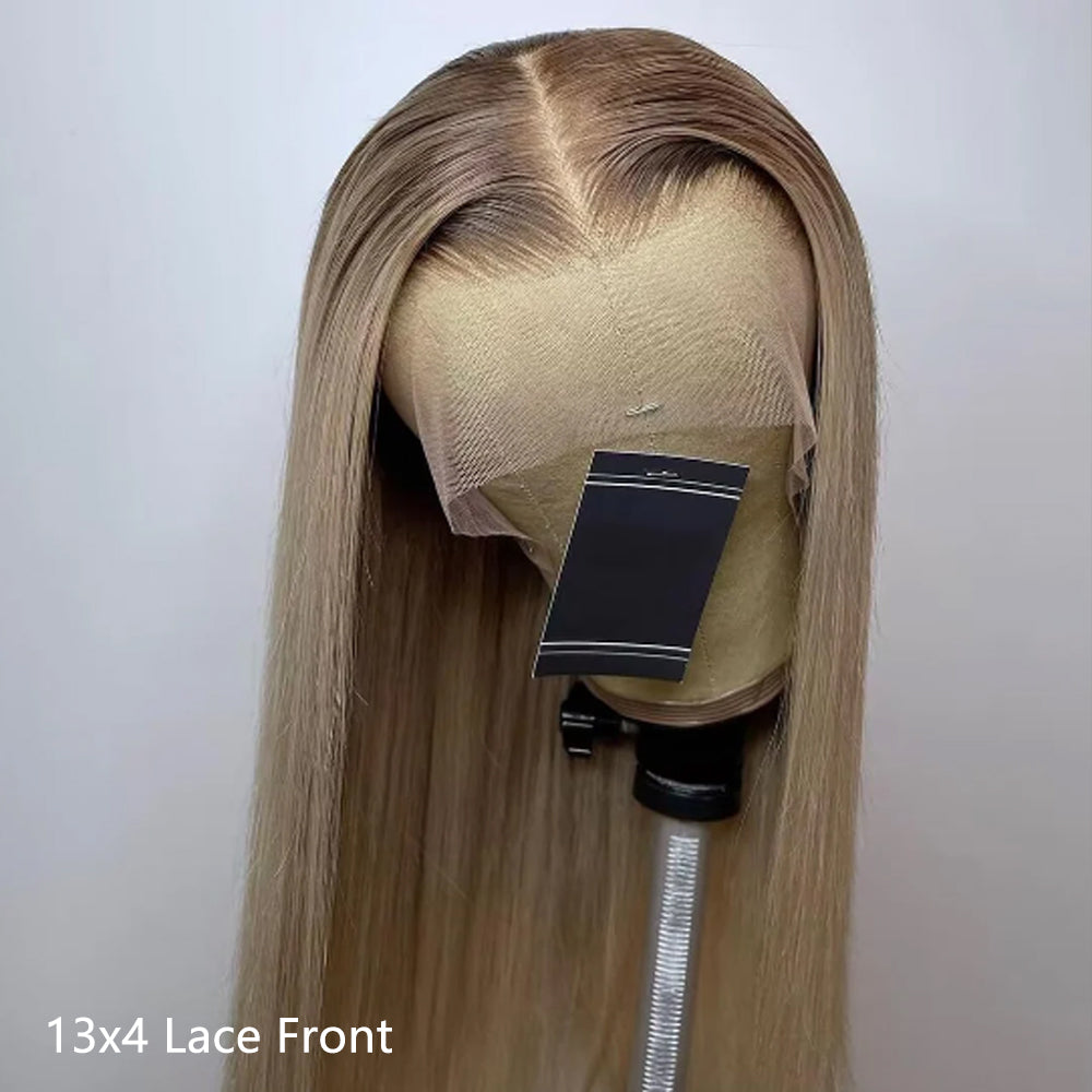 Gray Ash Blonde With Root 4 Brown Lace Front Body Wave/Straight Human Hair Wigs  Root4/Gray Blonde Silky Human Hair Wig 200% Density