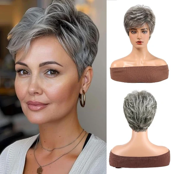 Brazilian Salt And Pepper Highlights Grey Machine Made Wigs 100% Human Hair Wigs Natural Hair 6 inch